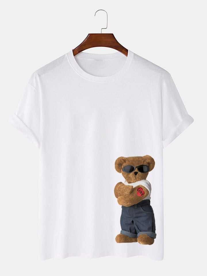 Mens Cartoon Bear Pattern 100% Cotton Preppy Short Sleeve T-Shirts