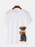 Mens Cartoon Bear Pattern 100% Cotton Preppy Short Sleeve T-Shirts