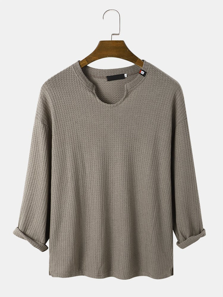 Mens Knit Texture Side Split Loose Long Sleeve Plain T-Shirts