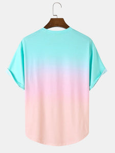 Mens Colorful Ombre Letter Print Curved Hem Loose Short Sleeve T-Shirts