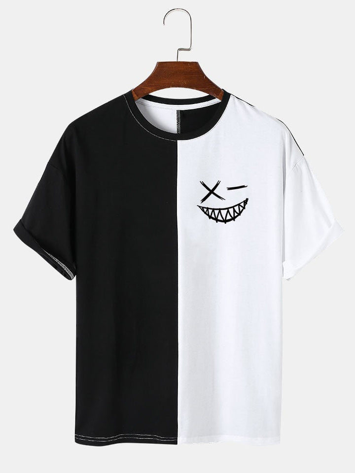 Mens Funny Face Print Two Tone Patchwork Preppy Short Sleeve T-Shirts