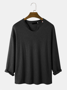 Mens Knit Texture Side Split Loose Long Sleeve Plain T-Shirts