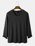 Mens Knit Texture Side Split Loose Long Sleeve Plain T-Shirts