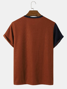 Mens Knit Irregular Color Block Stitching Preppy Short Sleeve T-Shirts