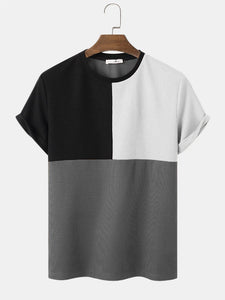 Mens Color Block Stitching Textured Preppy Short Sleeve T-Shirts