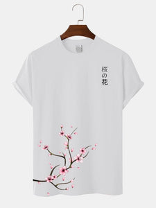 Mens Cherry Blossoms Print Japanese Style Cotton Short Sleeve T-Shirts