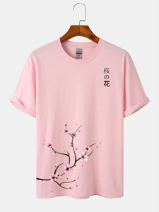 Mens Cherry Blossoms Print Japanese Style Cotton Short Sleeve T-Shirts