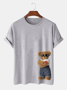 Mens Cartoon Bear Pattern 100% Cotton Preppy Short Sleeve T-Shirts