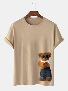 Mens Cartoon Bear Pattern 100% Cotton Preppy Short Sleeve T-Shirts