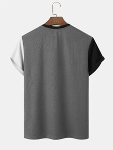 Mens Color Block Stitching Textured Preppy Short Sleeve T-Shirts